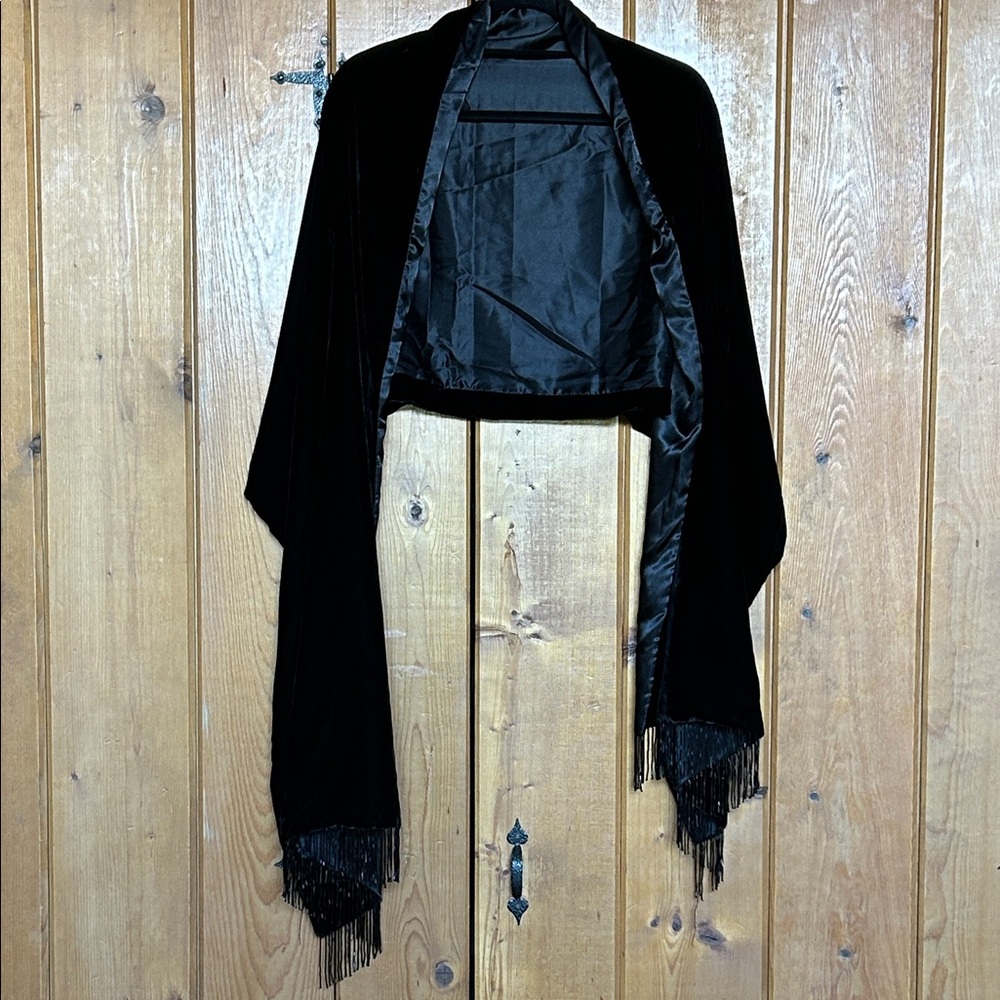 Black Velvet & Satin Pashmina with Beaded Fringe